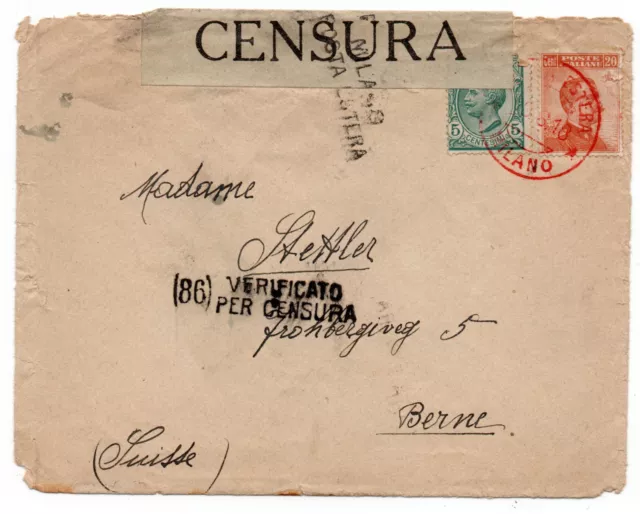 1916 Posta Estera Verificato per Censura Milano Berna tariffa 25 c. (5+20)