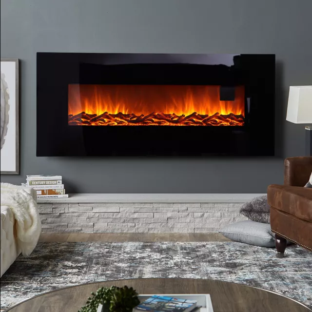 50 inch Wall Mounted Fireplaces Electric Fire Tempered Glass with Remote Control