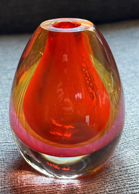 Vintage 60's Murano Venetian Red & Amber Sommerso Glass Tear Drop Vase 1