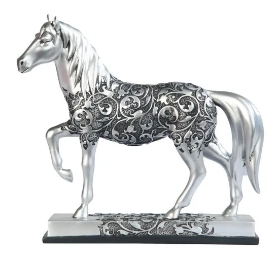 8"W Decorative Craved Silver Horse Figurine with Base