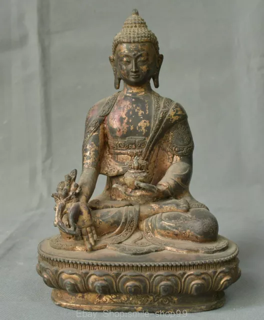 8" Rare Old Chinese Copper Gilt Buddhism Menla Medicine Buddha Sculpture