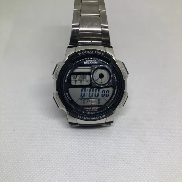 Working Large Casio 5 Alarms Illuminator Stainless Steel Digital Men’s Watch