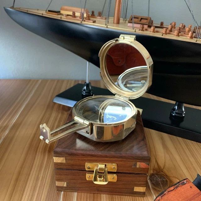 Boussole Nautique Ancienne En Laiton Stanley London 1885 - Boîte Cuir, Style Vintage
