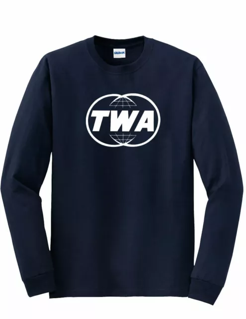 TWA Trans World Airline White Retro Logo Tee Airline Blue Long Sleeve T-shirt