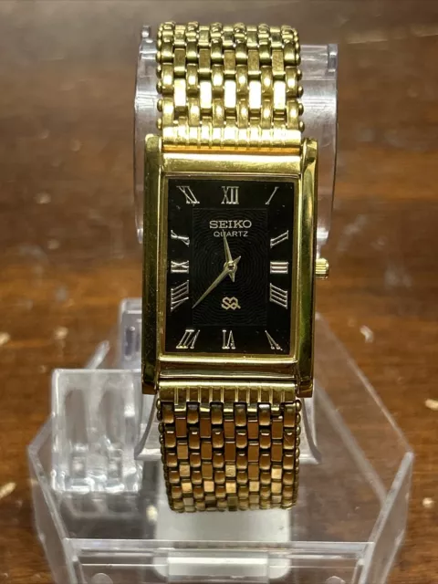 SEIKO MENS QUARTZ Gold Tone Black Dial Rectangular Watch #13 $0.99 ...