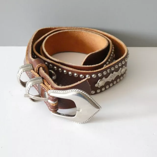 Cintura Cowboy Vintage Western Marrone Vera Pelle Argento Metallo Fibbia Borchie Tooled