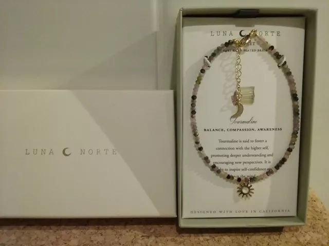 LUNA NORTE tourmaline anklet, extender, 14ct gold plated brass & two charms, box