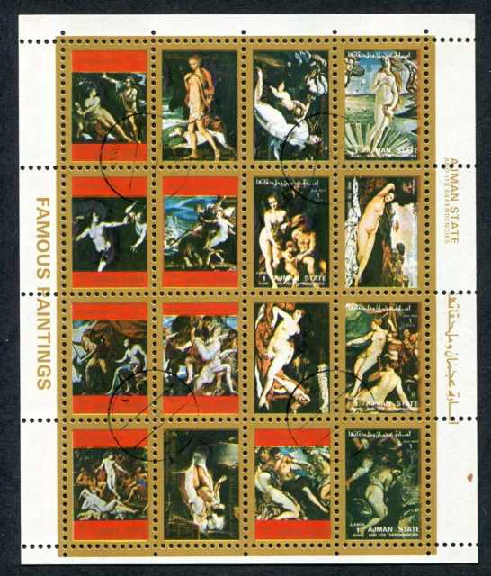 AJMAN 1973 Famous Paintings, SET of 16 MINI SIZE Stamps in Sheet, USED