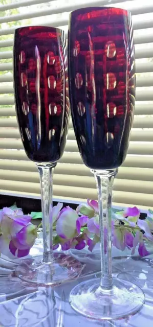 BOHEMIAN FLASHED CUT CRYSTAL RUBY-RED 2pc CHAMPAGNE FLUTE