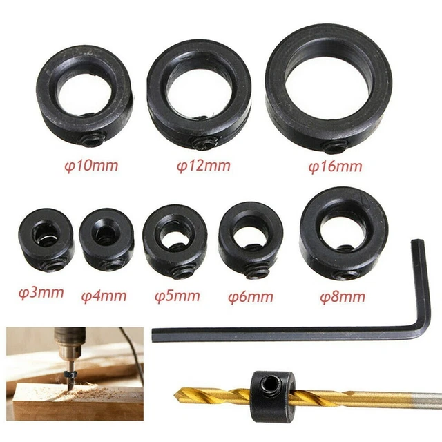 9x 3-16mm Dia Woodworking Drill Bit Depth Stop Collars Ring Positioner Locators