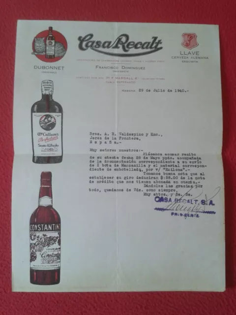 Cuba Documento Carta Comercial Casa Recalt La Habana Dubonnet Llave Beer Wine...