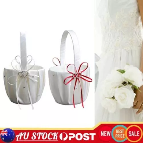 Satin Bowknot Diamante Pearl Flower Girl Basket Wedding Ceremony Party Decor