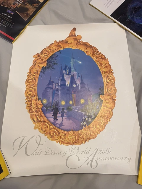 Vtg Walt Disney World 25th Anniversary Poster Embossed Logo Cinderella Castle