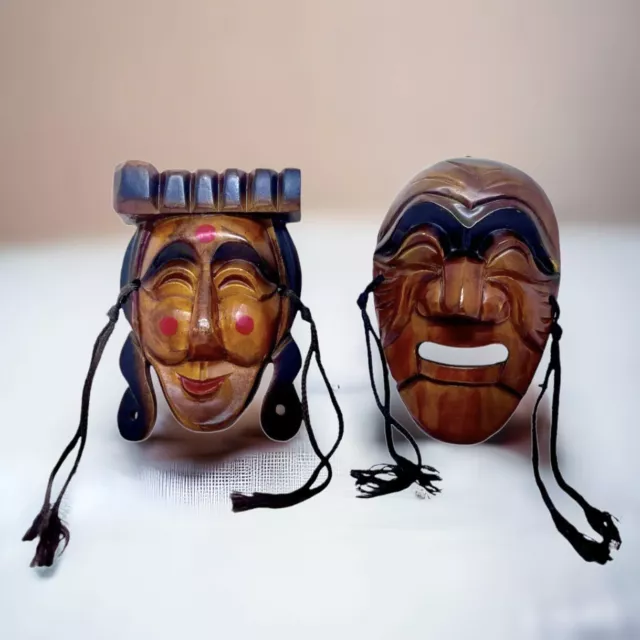Pair Of Vintage Folk Korean Female & Male Hahoe Masks Hand Carved Wooden Happy