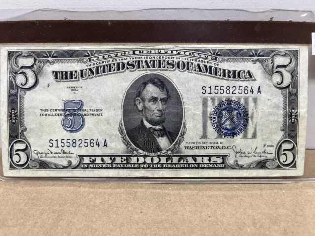 1934D US 5 Five Dollar Bill Silver Certificate Blue Seal Collector Note 1934 D