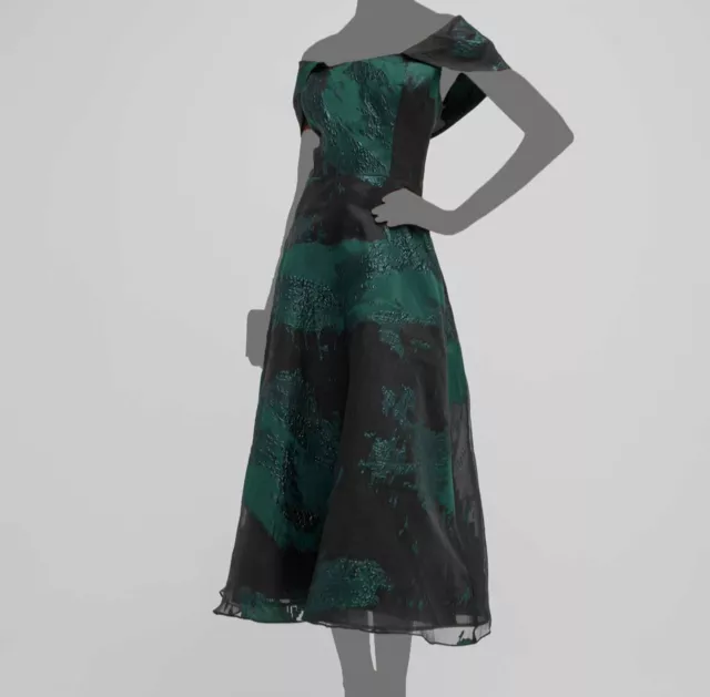 $730 Rickie Freeman for Teri Jon Women Green Jacquard Off-Shoulder Dress Size 12