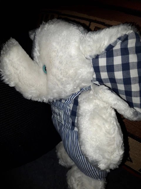 Doudou Peluche Elephant Bleu Vichy Vintage Marque NOUNOURS grelot Tbe 26 cm