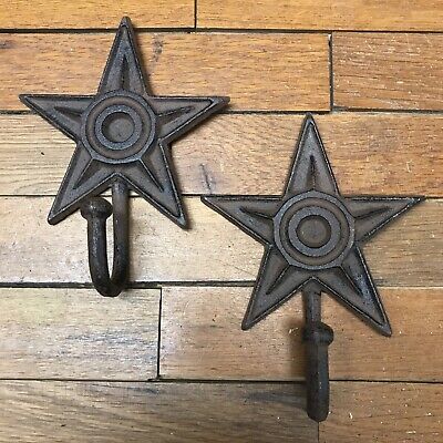 2 Large Star Western Coat Hooks 7-1/2” Tack Hat Wall hanger rustic iron Barn Key