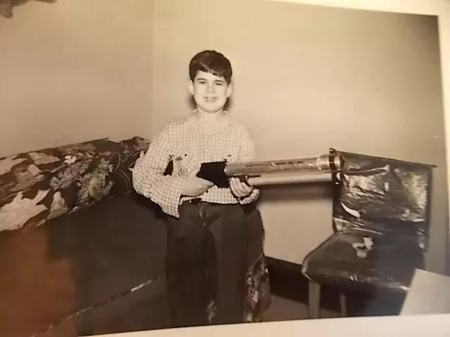 Vint Snapshot Photo, Happy Young Man With His Large Blaster Toy Rifle 2