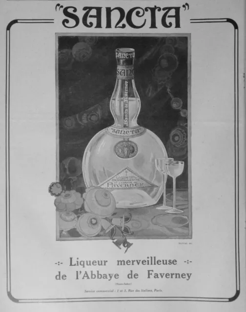 Publicité De Presse 1920 Sancta Liqueur Merveilleuse De L'abbaye De Faverney