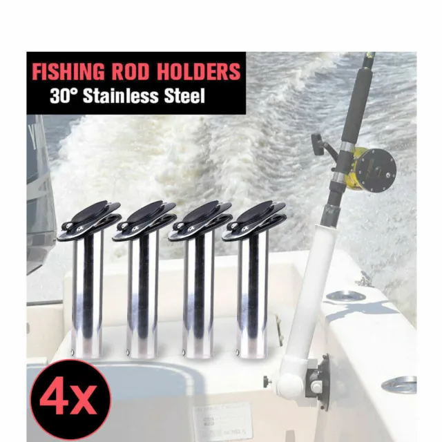4x Stainless Steel Boat Fishing Rod Holders Flush Moun w/ Gasket Cap 30 Degree