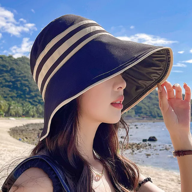 Elegant Upf50+ Black Stripe Wide Brim Sun Hat For Women Foldable Sun Protection