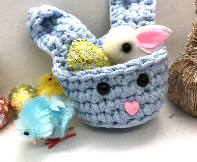 Cesta pequeña de conejo de huevos de Pascua azul 100 % reciclado algodón conejo