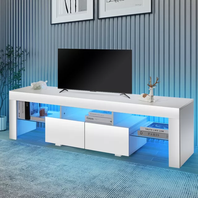 LED TV Stand Cabinet Unit Modern 2 Drawer MDF Entertainment RGB Lights White