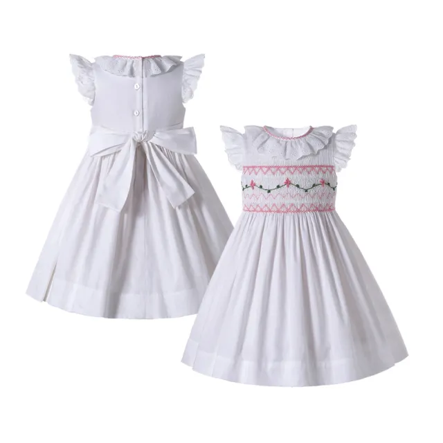 Toddler Romany Baby Girl Smocked Dress Embroidery Ruffle Dresses White Summer