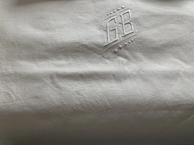 Grand Drap Ancien En Lin Brodé Main RF - 280x200cm, Art Déco, XIXème Siècle