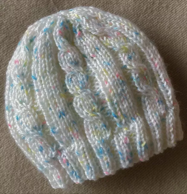 Newborn Baby Beanie.  Pale Multicolour. Hand-Knitted By Me. Soft Baby Yarn.