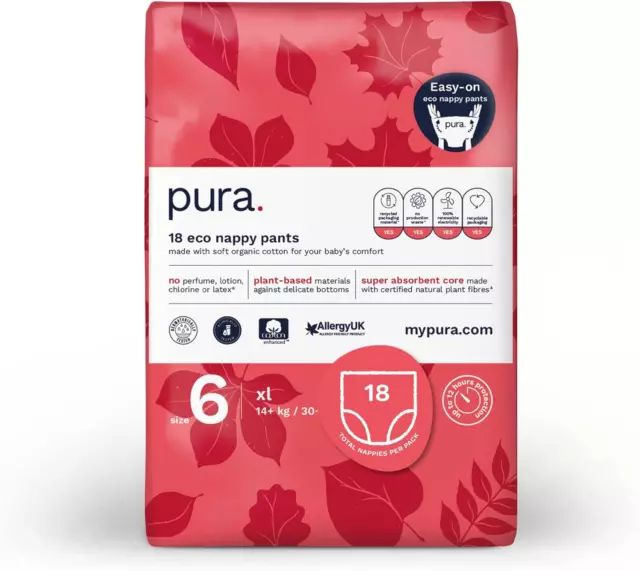 Pura Premium Eco Nappy Pants Size 6 (14+Kg / 30+Lbs) 1 Pack of 18 Baby Toddler E