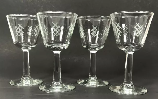Vintage Crystal Sherry Liqueur Glasses Etched Barware Stemware Art Deco Set of 4
