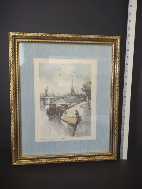 Vintage 19" x 16" Wood Gold Color Picture Frame Eiffel Tower French Watercolors