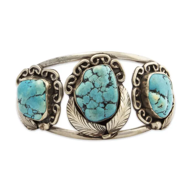 Native American Nickel Silver Faux Turquoise Applied Leaves Cuff Bracelet 6.75"