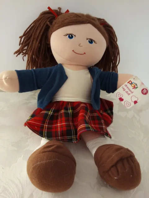 Wilko Brown Hair Rag Doll In Blue Jacket & Tartan skirt Dolly Soft Toy 15”. (EB1