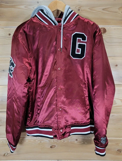 Rare Harry Potter Men M Gryffindor Varsity Satin Hooded Button Up Jacket Hogwart