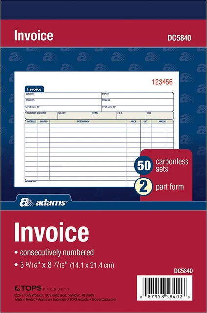 Adams Invoice Book, 2-Part, Carbonless, 5-9/16 X 8-7/16 Inches, 50 Sets per Book