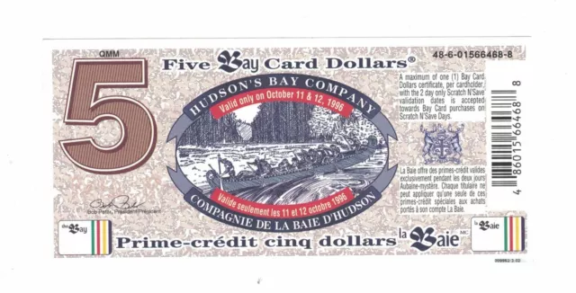 1996, Coupon Brown, La Baie D'hudson, Five Card Dollars, No. 48-6-01566468-8