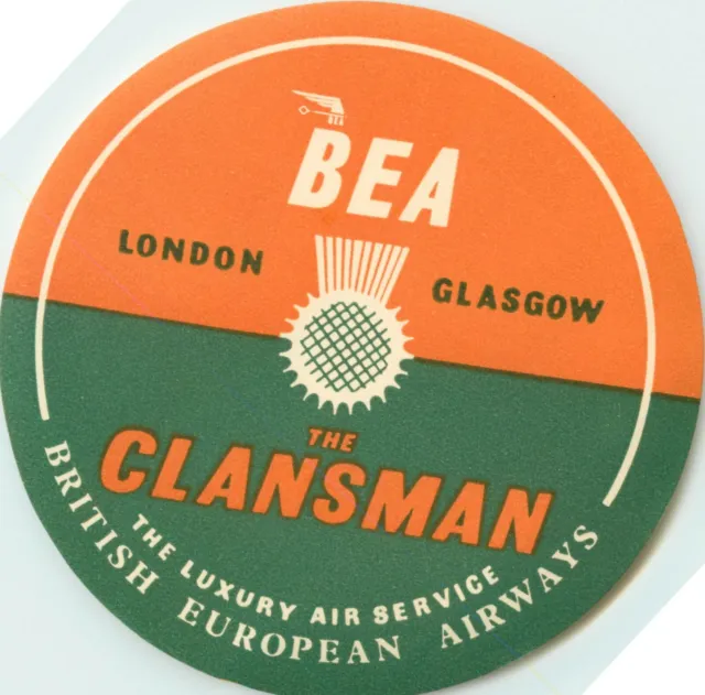 BRITISH EUROPEAN AIRWAYS / BEA ~The CLANSMAN~ Old Airline Luggage Label, 1955