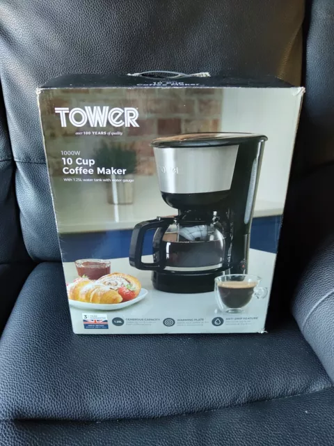 Coffee Maker Filter - Tower T13001 1000W 1.25L 10 Cup  Stainless Steel, Black