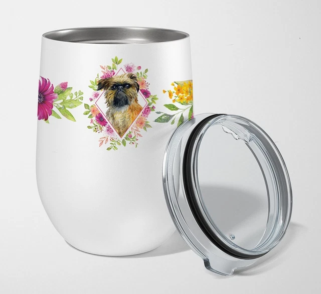 Brussels Griffon Stemless Wine Glass Pink Flowers Stainless 12oz CK4123TBL12-SUK