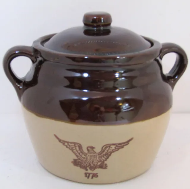Monmouth Pottery Bean Pot Crock w/ Lid Cookie Jar Eagle Maple Leaf