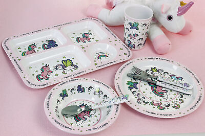 Kids Girls Unicorn Cutlery Dinner Set Mealtime Plastic Bowl Cup Plate Lunch Bag