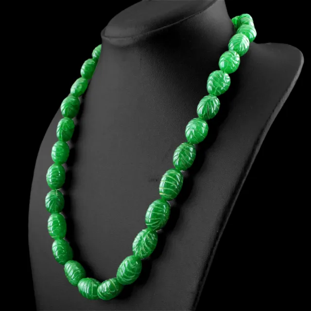 Office Wear 492.00 Cts Earth Mined Rich Green Emerald Oval Carved Beads Necklace