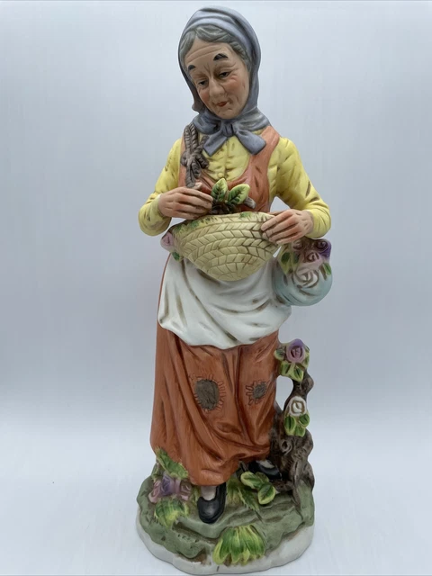 VTG Ceramic Figurine Elderly Woman Carrying Baskets with Roses-12"-Gift Quality