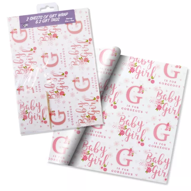 2 Sheets of Gorgeous Baby Girl Gift Set Wrap Wrapping Paper Tags Pink