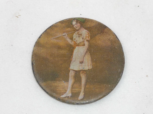 Antique Young Woman W/Butterfy Net Colored Metal Picture Back Pocket Mirror