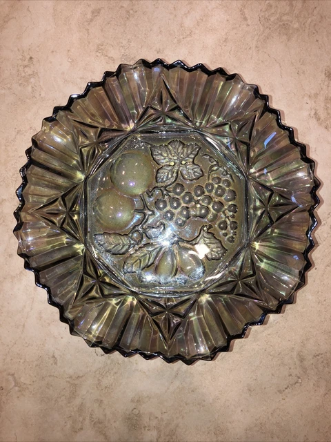 Iridescent Fruit Themed Glass Bowl Dish 10” Grapes Etc