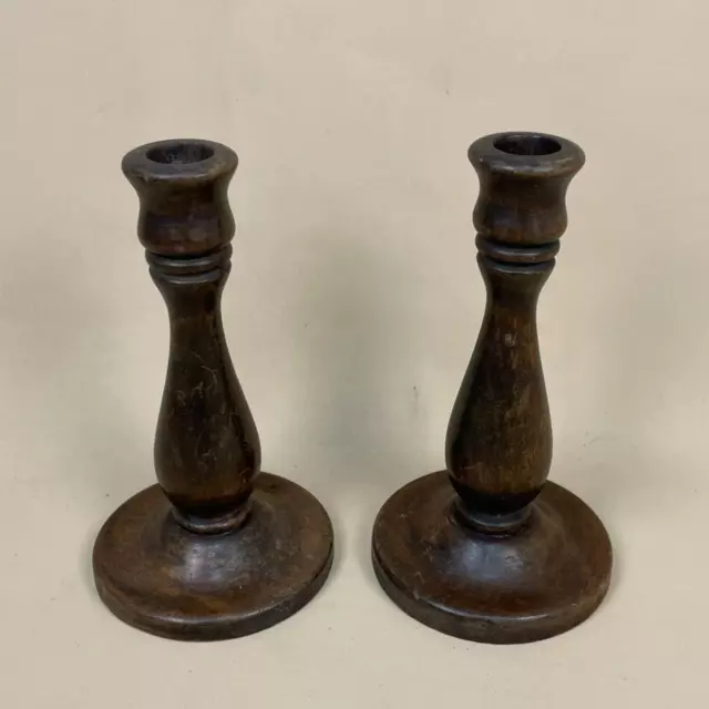 Antique Matching Pair of Wooden Candlestick Candle Stick Column Wood Handmade
